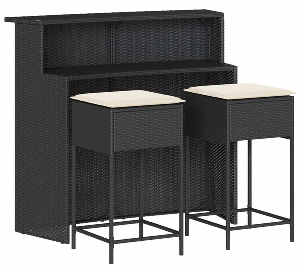 3 részes fekete polyrattan kerti bárszett párnával