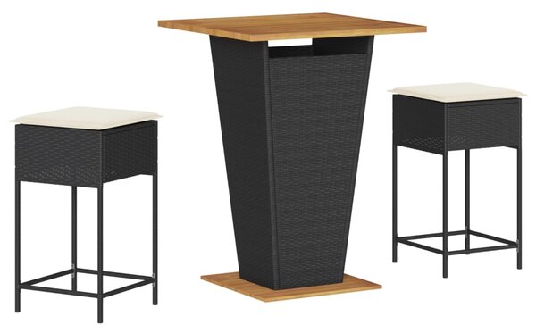 3 részes fekete polyrattan kerti bárszett párnával