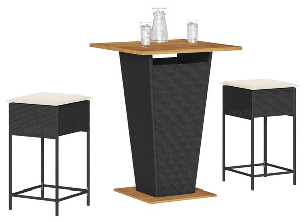 3 részes fekete polyrattan kerti bárszett párnával