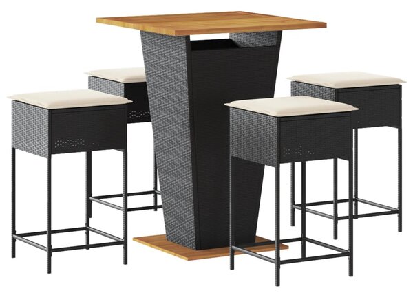5 részes fekete polyrattan kerti bárszett párnával