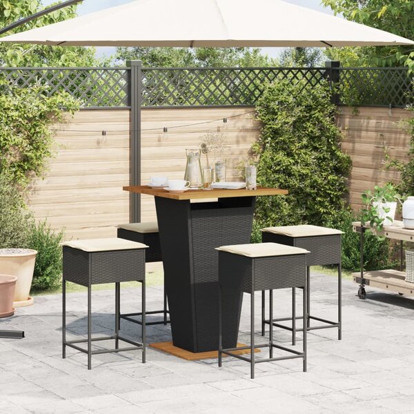 5 részes fekete polyrattan kerti bárszett párnával