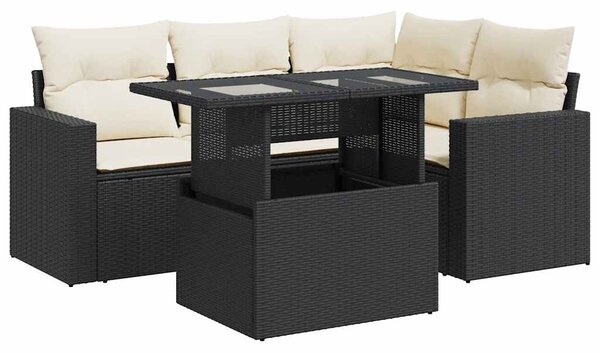 5 részes fekete polyrattan kerti kanapészett párnákkal