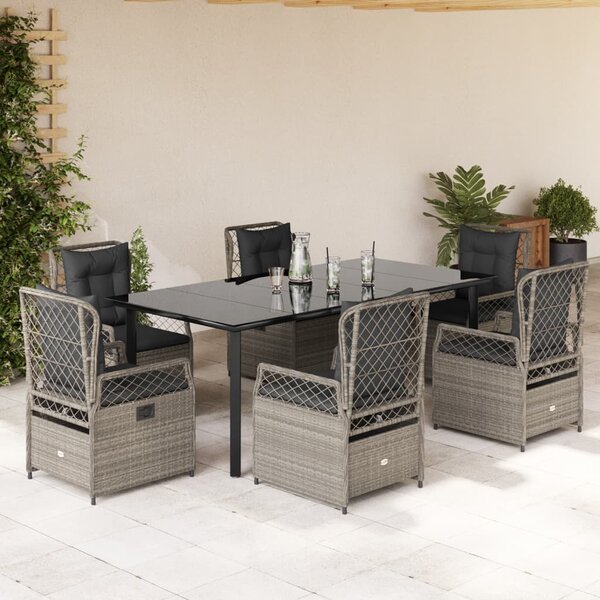 7 részes világosszürke polyrattan kerti étkezőszett párnával