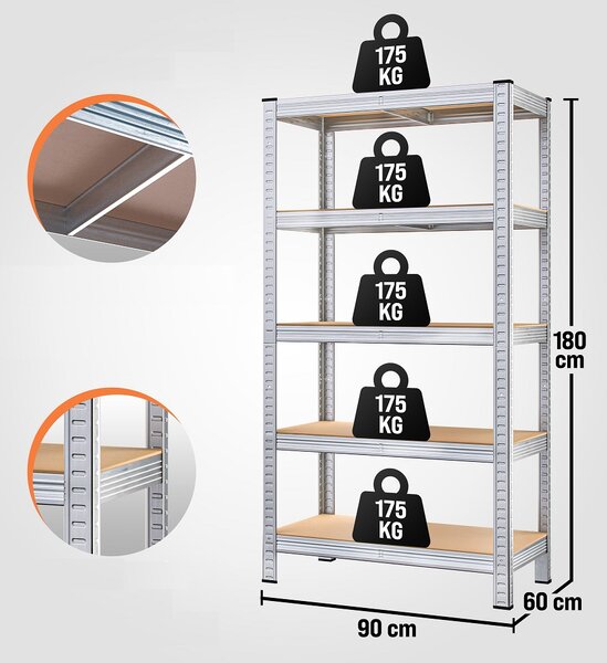 Monzana HEAVY nagy teherbírású polc, 2 darab, max 875kg, 90x40x180cm, ezüst