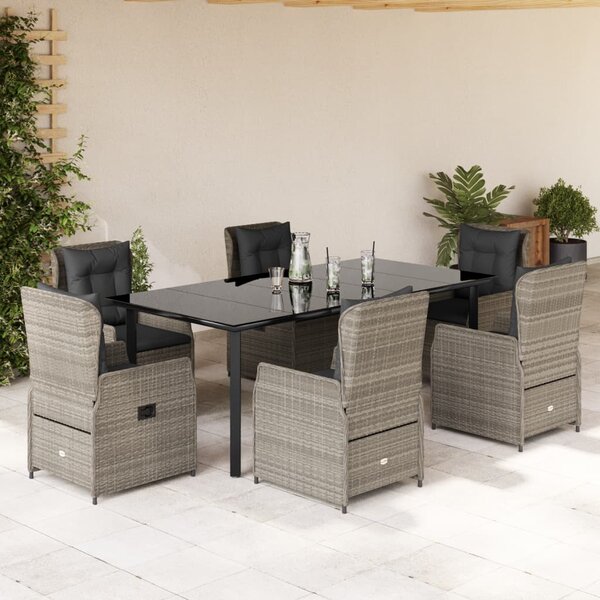 7 részes világosszürke polyrattan kerti étkezőszett párnával