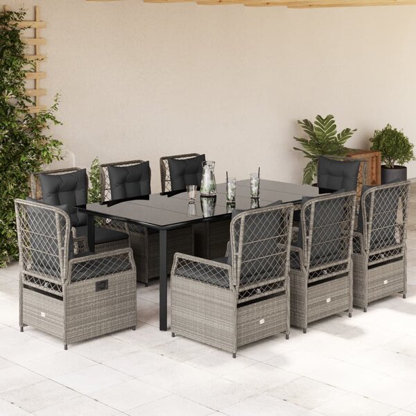 9részes világosszürke polyrattan kerti étkezőgarnitúra párnával