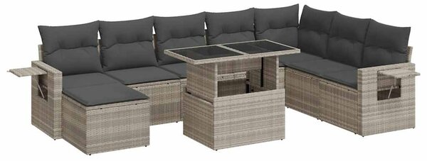 9 részes világosszürke polyrattan kerti ülőgarnitúra párnával