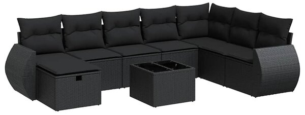 9 részes fekete polyrattan kerti ülőgarnitúra párnákkal