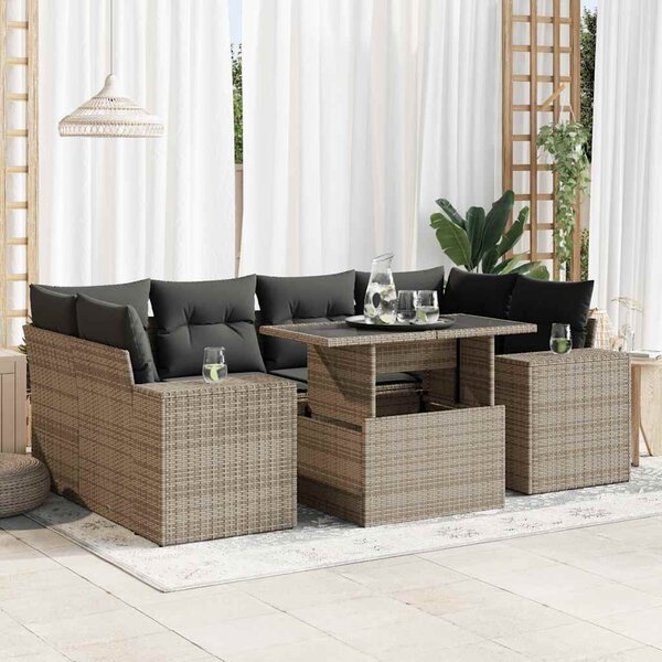 7 részes szürke polyrattan kerti ülőgarnitúra párnákkal
