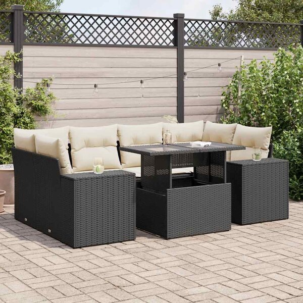 7 részes fekete polyrattan kerti ülőgarnitúra párnával