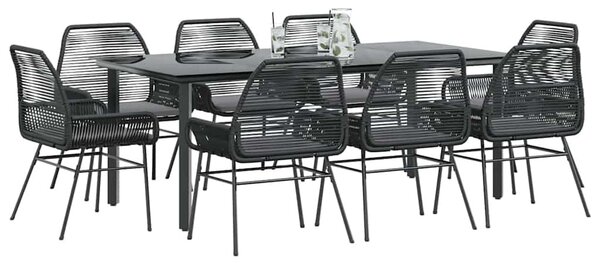 9 részes fekete polyrattan üveg kerti étkezőgarnitúra párnákkal