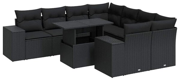 9 részes fekete polyrattan kerti ülőgarnitúra párnákkal