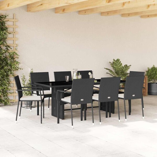 9 részes fekete polyrattan kerti étkezőgarnitúra párnákkal