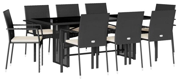 9 részes fekete polyrattan kerti étkezőgarnitúra párnákkal