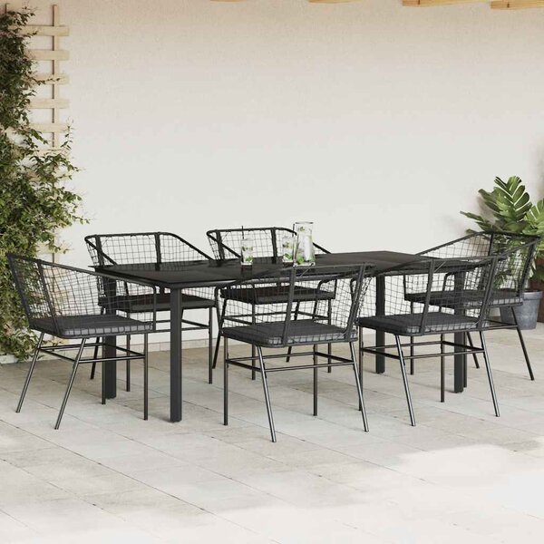7 részes fekete polyrattan üveg kerti étkezőgarnitúra párnákkal