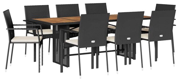 9 részes fekete polyrattan kerti étkezőgarnitúra párnákkal