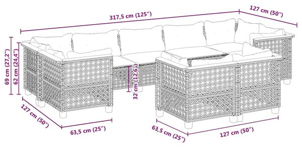 9 részes bézs polyrattan kerti ülőgarnitúra párnákkal