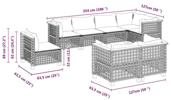 8 részes bézs polyrattan kerti ülőgarnitúra párnával