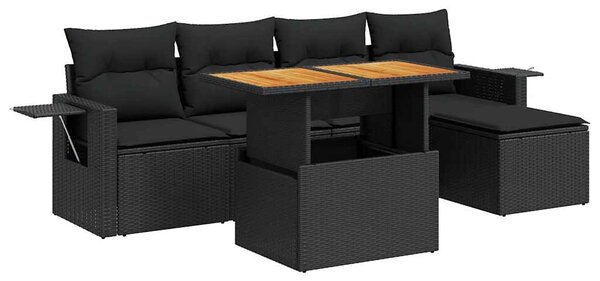 6 részes fekete polyrattan kerti ülőgarnitúra párnákkal