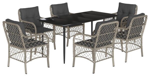 7 részes világosszürke polyrattan kerti étkezőszett párnával