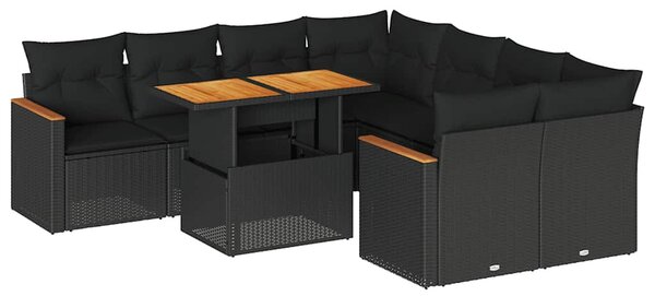 9 részes fekete polyrattan akácfa kerti ülőgarnitúra párnákkal