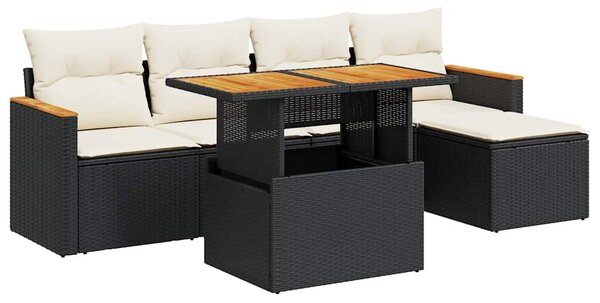 6 részes fekete polyrattan akácfa kerti ülőgarnitúra párnákkal