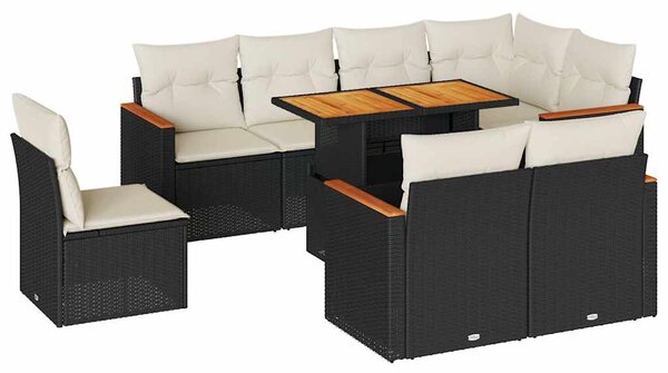 9 részes fekete polyrattan akácfa kerti ülőgarnitúra párnákkal