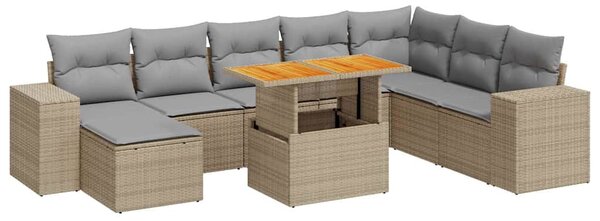 9 részes szürke polyrattan akácfa kerti ülőgarnitúra párnákkal