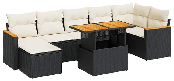8 részes fekete polyrattan akácfa kerti ülőgarnitúra párnákkal