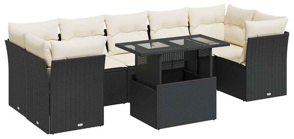 8 részes fekete polyrattan kerti ülőgarnitúra párnákkal