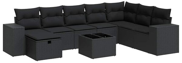 9 részes fekete polyrattan kerti ülőgarnitúra párnákkal