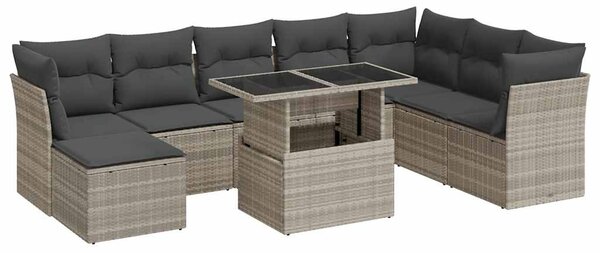 9 részes világosszürke polyrattan kerti ülőgarnitúra párnával