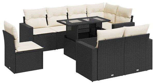 9 részes fekete polyrattan kerti ülőgarnitúra párnákkal