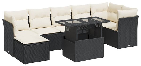 8 részes fekete polyrattan kerti ülőgarnitúra párnákkal