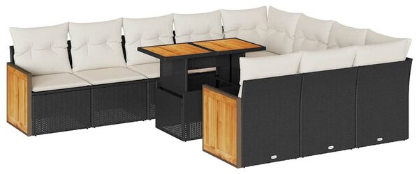 11 részes fekete polyrattan akácfa kerti ülőgarnitúra párnákkal