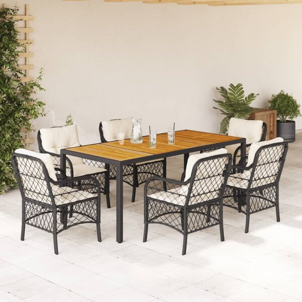 7 részes fekete polyrattan kerti étkezőgarnitúra párnával