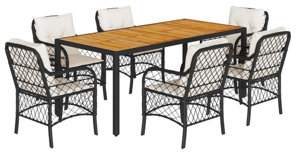 7 részes fekete polyrattan kerti étkezőgarnitúra párnával