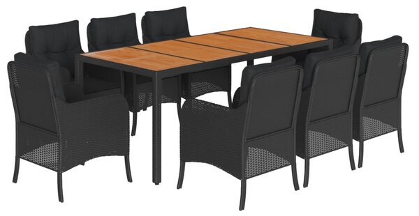 9 részes fekete polyrattan kerti étkezőgarnitúra párnákkal