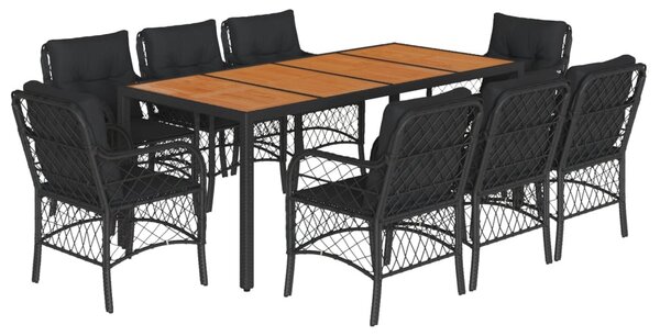 9 részes fekete polyrattan kerti étkezőgarnitúra párnákkal
