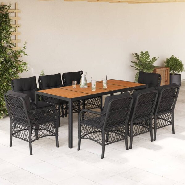9 részes fekete polyrattan kerti étkezőgarnitúra párnákkal