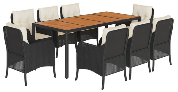 9 részes fekete polyrattan kerti étkezőgarnitúra párnákkal