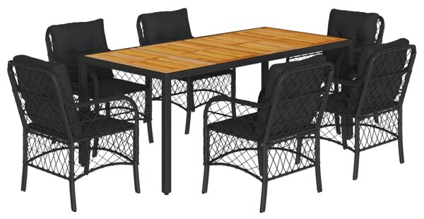 7 részes fekete polyrattan kerti étkezőgarnitúra párnával