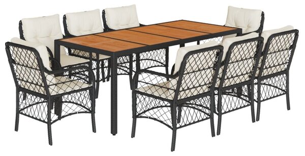 9 részes fekete polyrattan kerti étkezőgarnitúra párnákkal