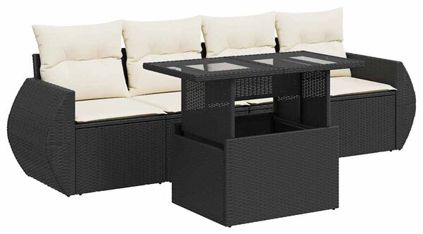 5 részes fekete polyrattan kerti kanapészett párnákkal