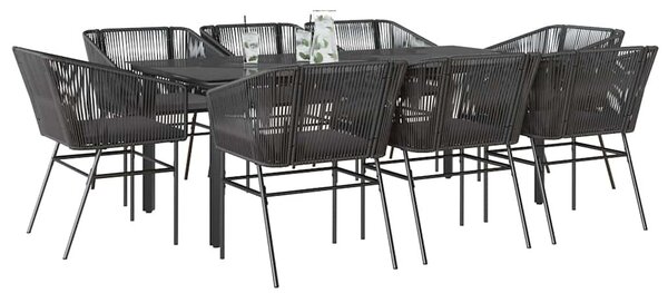 9 részes fekete polyrattan üveg kerti étkezőgarnitúra párnákkal