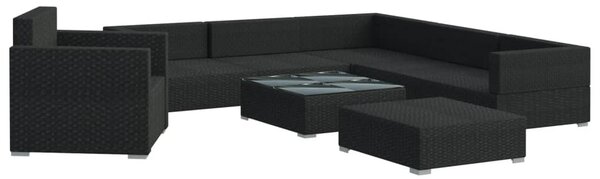 8-részes fekete polyrattan kerti bútorszett párnákkal