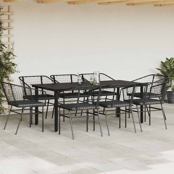 9 részes fekete polyrattan üveg kerti étkezőgarnitúra párnákkal