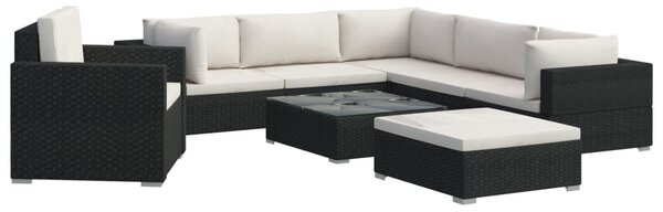 8-részes fekete polyrattan kerti bútorszett párnákkal