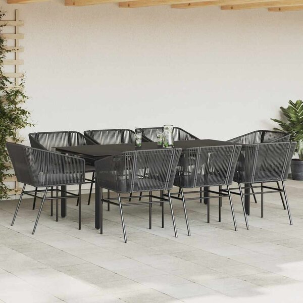 9 részes fekete polyrattan üveg kerti étkezőgarnitúra párnákkal