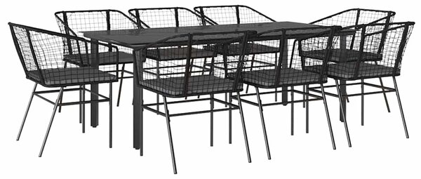 9 részes fekete polyrattan üveg kerti étkezőgarnitúra párnákkal